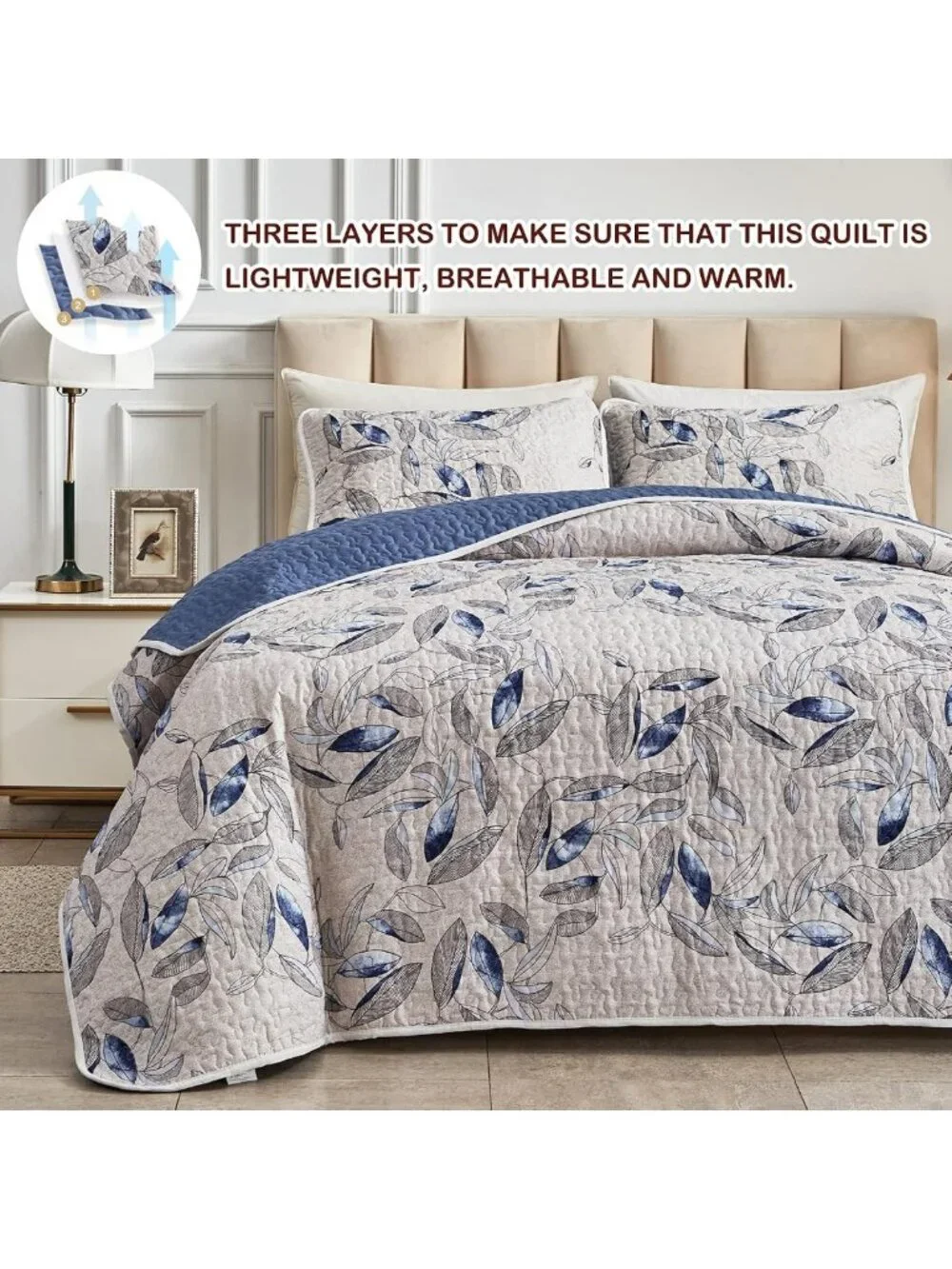 Botanical Blue Leaves Microfiber Quilt Set - Reversible Bedspread & Pillow